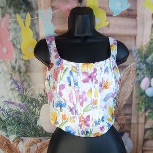 💩 Floral Square-Neck Tank Top in White with Multicolor Blooms